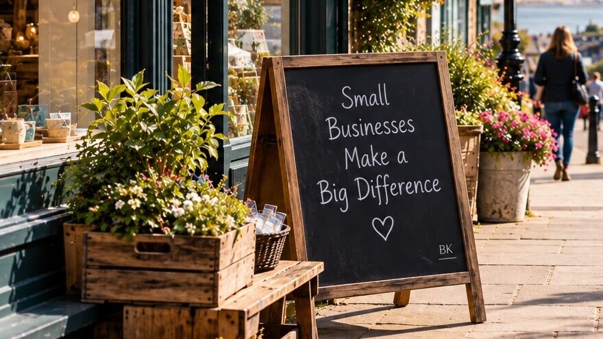 An A-board outside a small shop on a Welsh high street, reading Small Businesses Make a Big Difference.