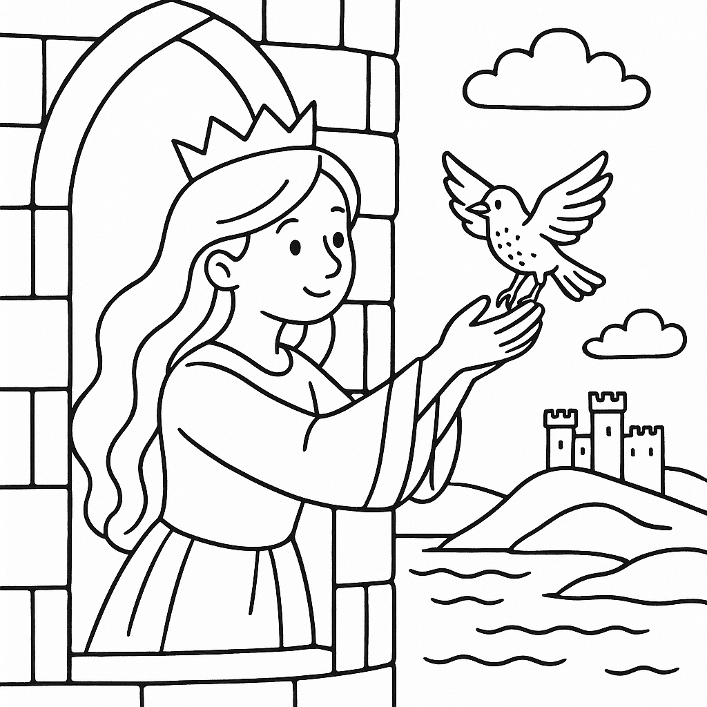 Colouring illustration for Branwen and the Brave Little Starling: A Story from Anglesey