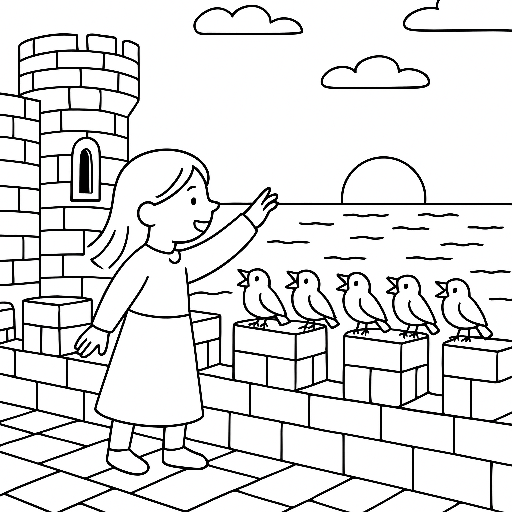 Colouring illustration for Carys and the Singing Birds of Harlech Castle