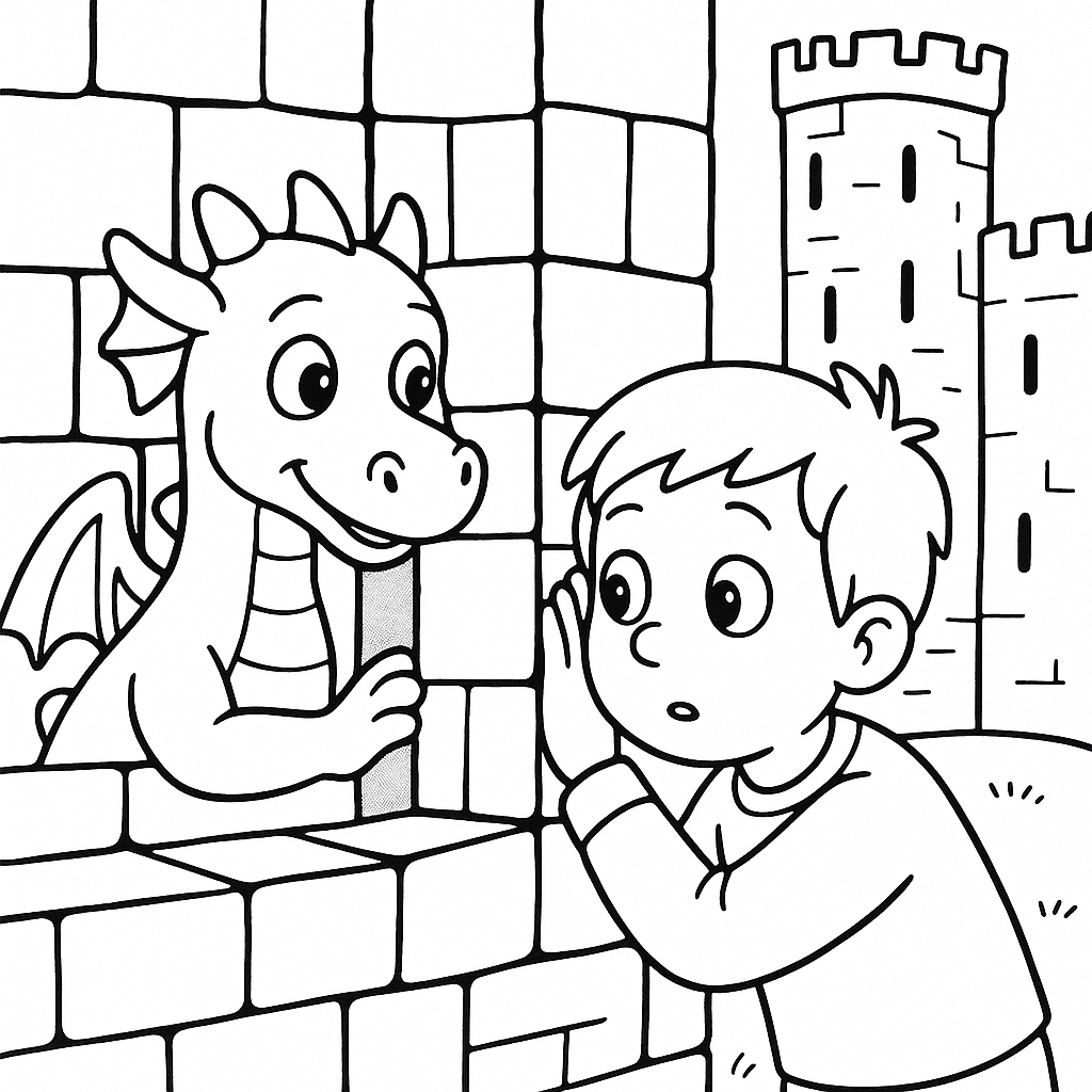 Colouring illustration for The Little Dragon in the Walls of Caernarfon Castle