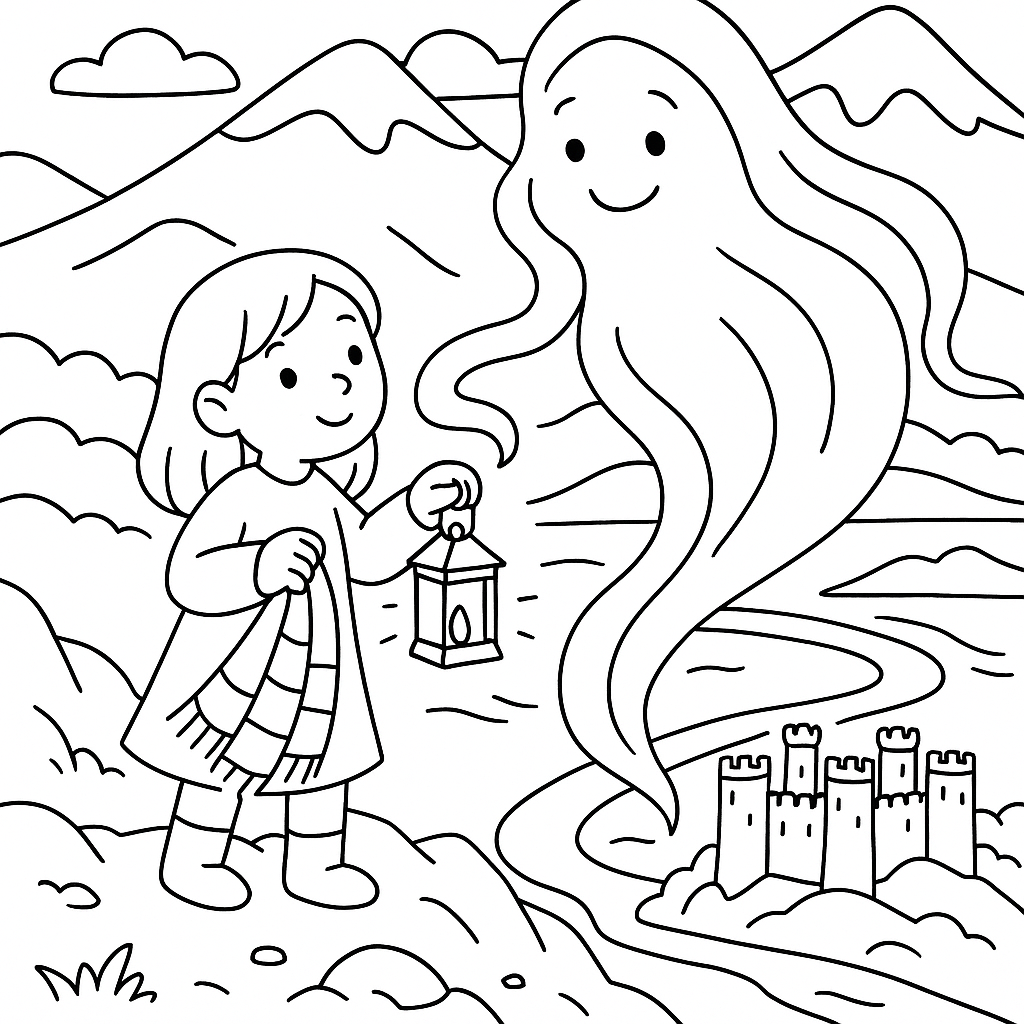 Colouring illustration for The Mountain Spirit of Conwy Castle