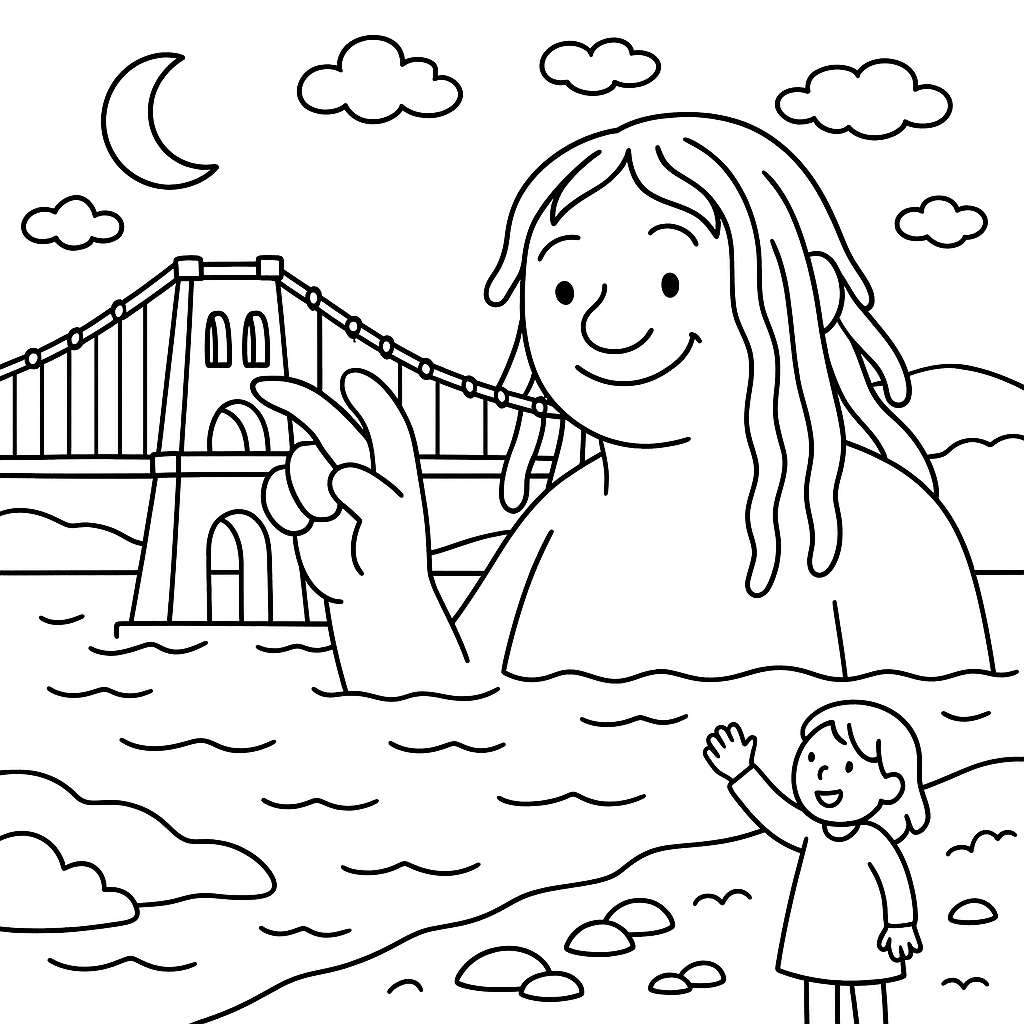 Colouring illustration for The Sea Giant Beneath the Menai Suspension Bridge