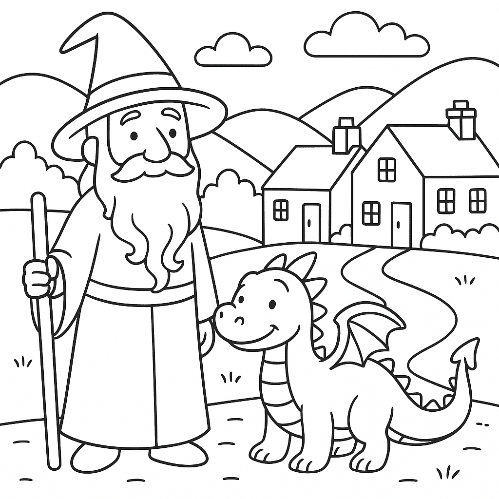 Colouring illustration for The Wizard Who Grew the Longest Name in Llanfairpwllgwyngyll